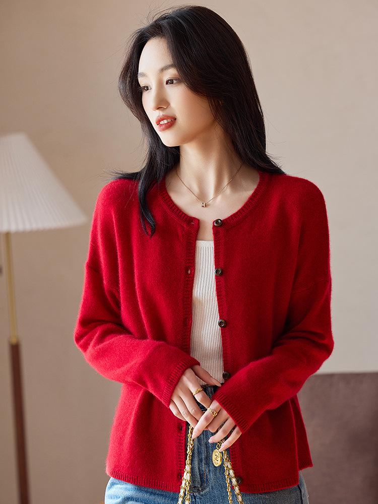 Women's Wool Cashmere Cardigan: Solid Color, Round Neck, Stylish, Long Sleeve, Loose Fit Sweater Jacket