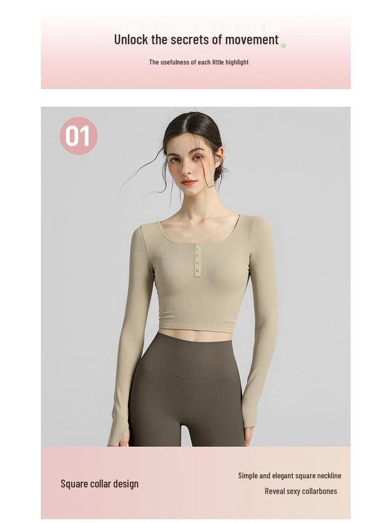Women's Long Sleeve Yoga Top with Generous Neckline and Chest Pad for Autumn & Winter Workouts