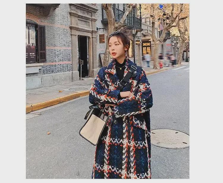 Vlněný kabát ve stylu Xiaoxiang: Kontrastní barva, Volný střih, Středně dlouhá délka