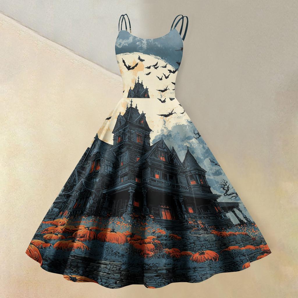 Women's Sleeveless Casual Dress Halloween Print Round Neck Vintage Style Swing Dress with Adjustable Straps for Everyday Wear