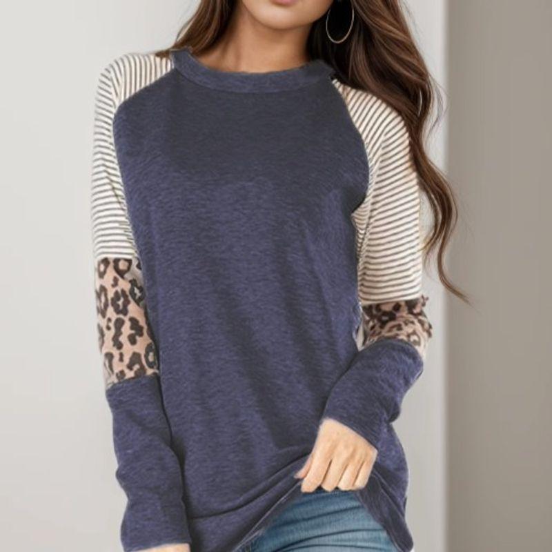Cross-Border Fashion Autumn New round Neck Stripes Leopard Print Print Contrast Color Raglan Sleeve Long Sleeves T-shirt Women's Fashion All-Matching
