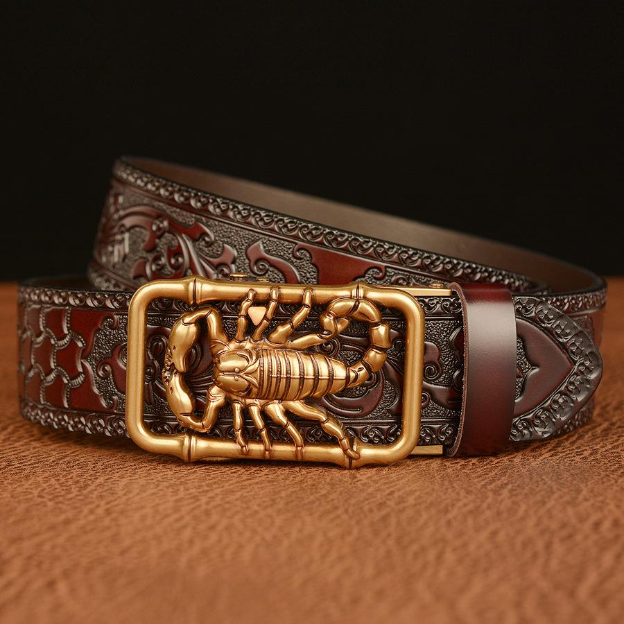 SupSindy Men Genuine Leather Belt Luxury Scorpion Metal Automatic Buckle Cowhide Belts for Men Jeans Waistband Male Strap Black