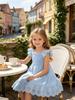 Smok Sommerkleid für Mädchen, Kleinkind-Sonnenkleid mit Rüschenärmeln und Lochstickerei, Einfarbig Blau, Mehrlagiges Partykleid für Kinder 3-7 J.
