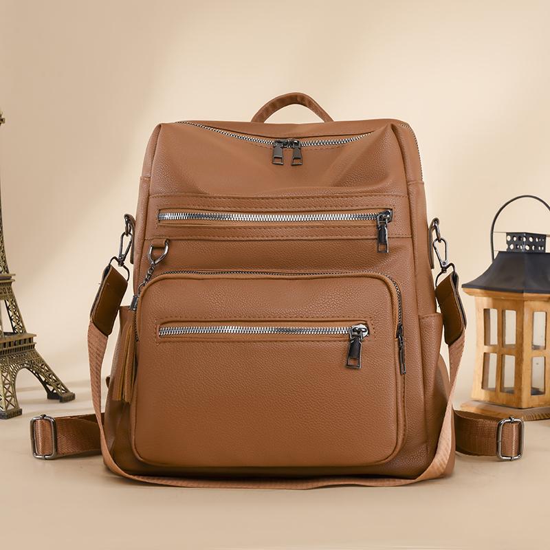 Contrast Color Women Soft Leather Tassel Backpack Simple Outdoor Travel Backpack