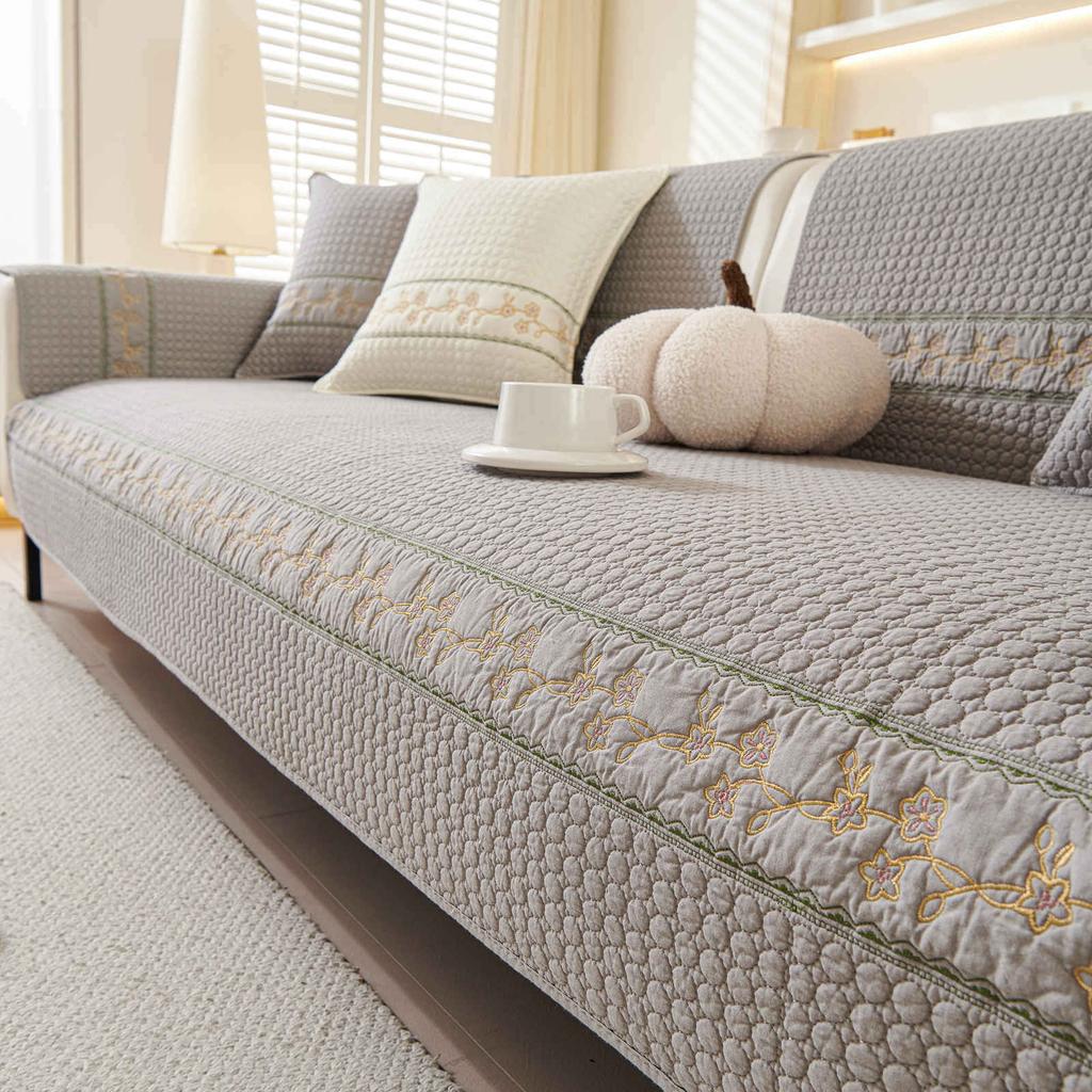 Purified Cotton Solid Color Sofa Cushion Anti-Slip with Exquisite Embroidery Durable Seat Cover Floral Decor Sofa Slipcover