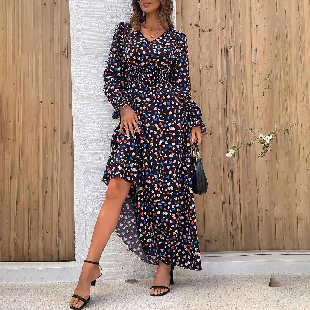 Women Spring Long Sleeve Floral Print V-neck Dress Summer Casual A-Line Ankle-Length Elastic High Waist Dresses