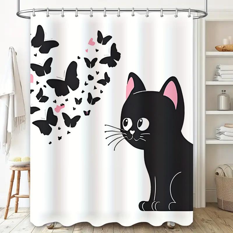 Black Cat Butterfly Shower Curtain Cute Decorative Fabric Waterproof Bath Mat Cover For Bathroom Decoration Home Accessories