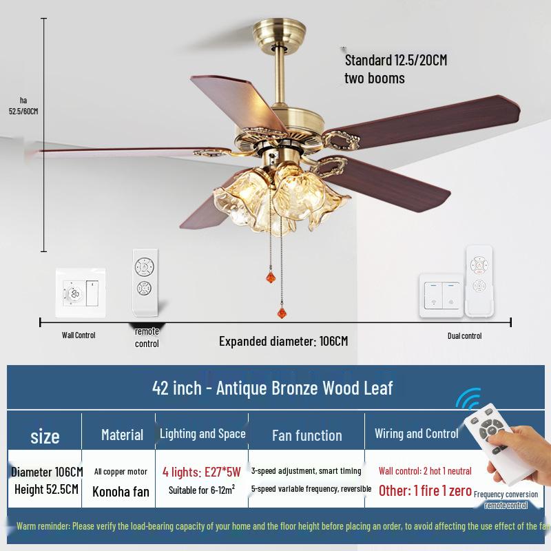 Mid-Century European Retro Ceiling Fan Light with Iron Blades - Variable Frequency High Airflow for Living Rooms or Restaurants.