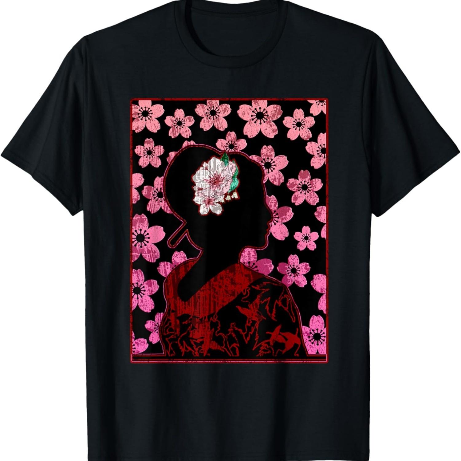 woman with vintage cherry blossom Japan art T-Shirt S чёрный