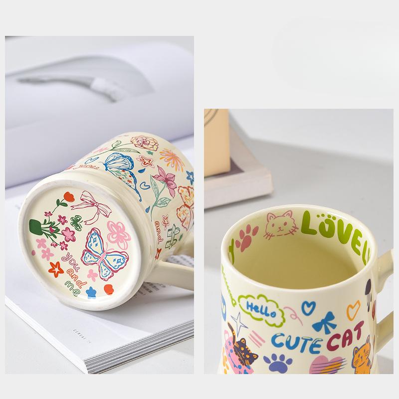 French Cup Illustration Style Mug High Looking Cute Cat Cartoon Pattern Water Cup Butterfly Ceramic Cup