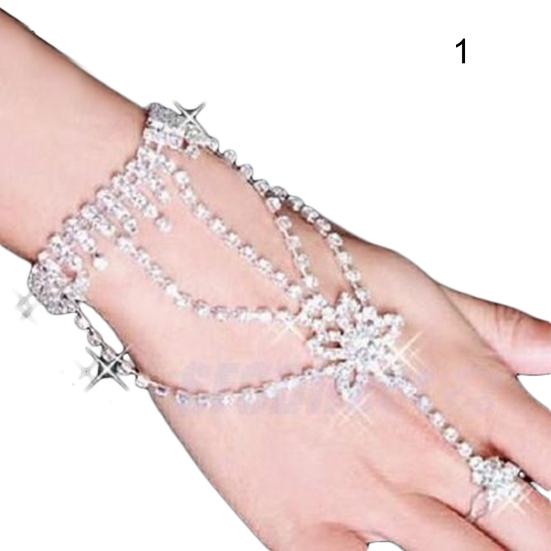 Bridal Wedding Crystal Rhinestone Slave Bracelet Wristband Harness & Ring Cuff