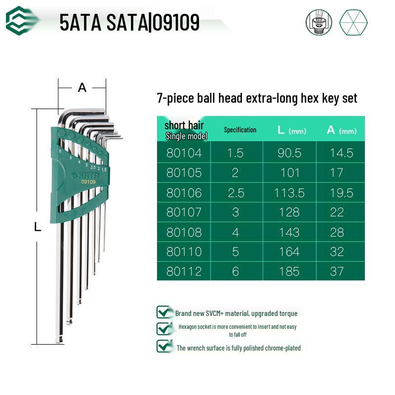 SATA Extra Long Ball End Hex Key Set, 7-Piece Special Length