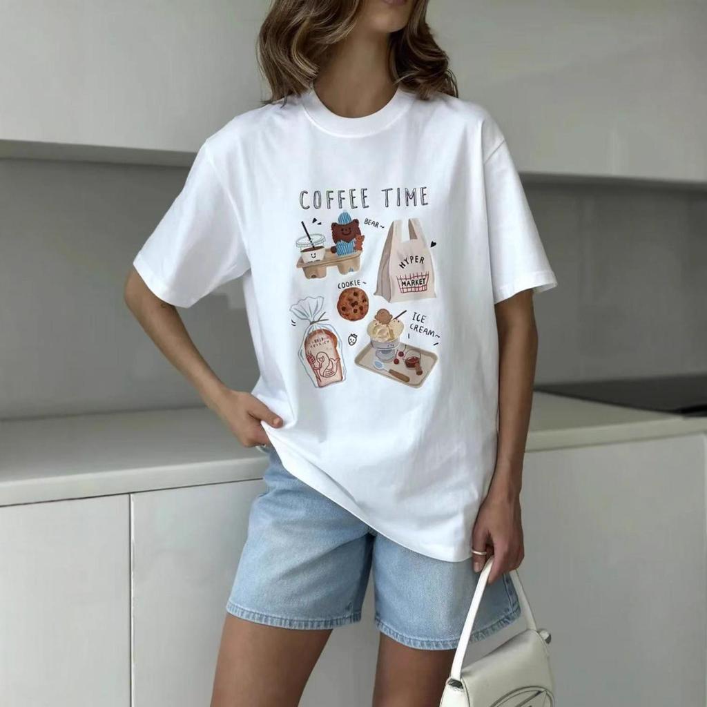 T-shirt Blanc Imprimé Coton Manches Courtes Casual Mignon pour Femme - Été Coupe Ample, Polyvalent, Anti-Âge