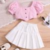 Girls' Fashion Set: Summer Children's Checkered Flared Sleeve Square Neck Pullover, Solid Color Patchwork Pleated Skirt Two-piece Set