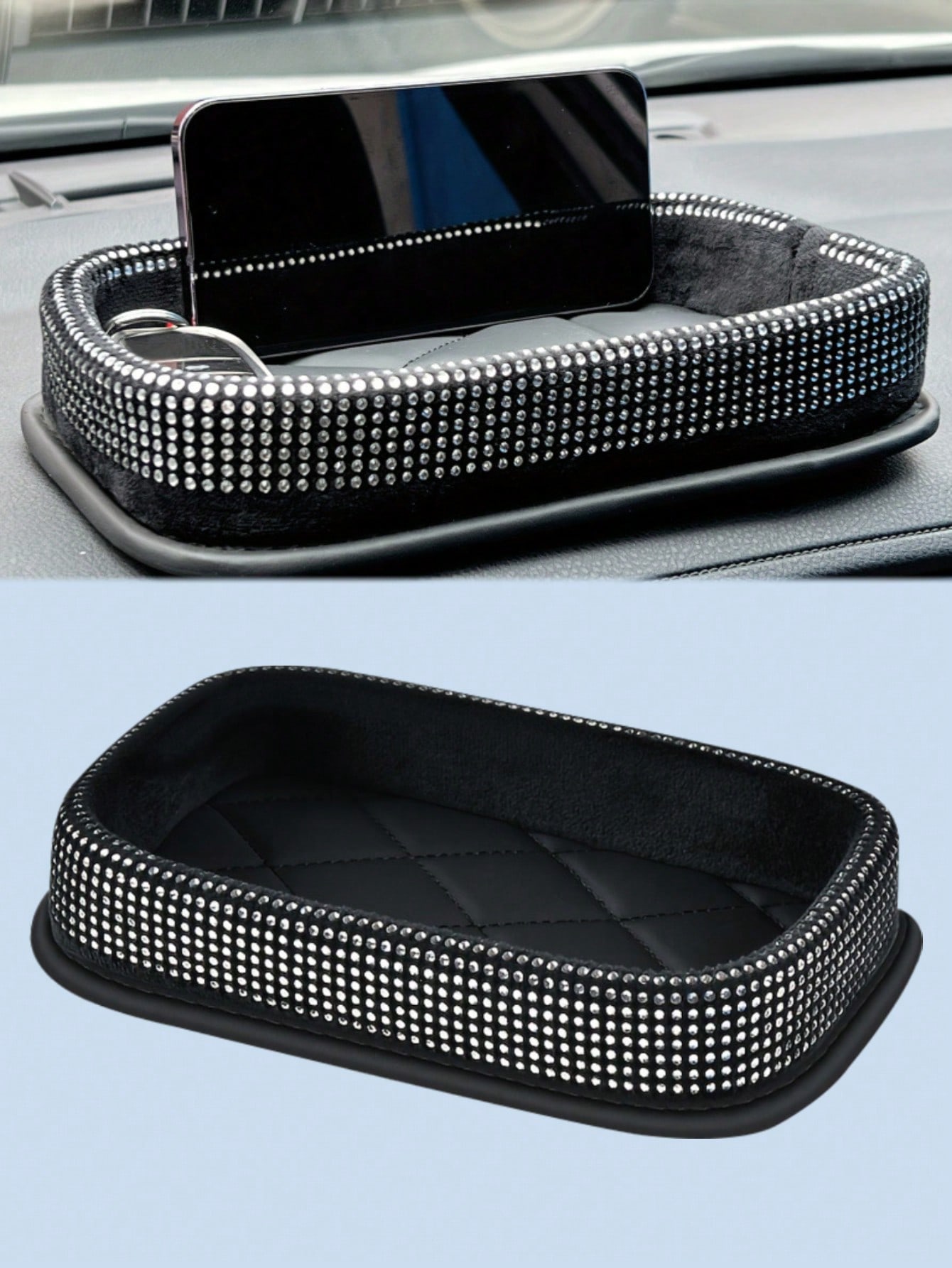 

Crystal Rhinestone Car Dashboard Organizer – Storage Tray for Tissues, Phones & Small Items, Elegant Car Interior Decor чёрный
