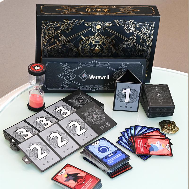 Authentic Werewolf Slayer Game: Dark Gold Edition with 3D Tokens, Metal Badges, Hourglass, for 6-16 Players.