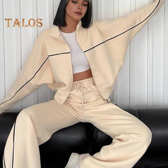 2 Teile/satz Damen Mantel Hosenanzug Halbhoher Kragen Reißverschluss Langarm Oberteil Elastische Taille Weite Beintaschen Hose Winter Alltagskleidung Trainingsanzug
