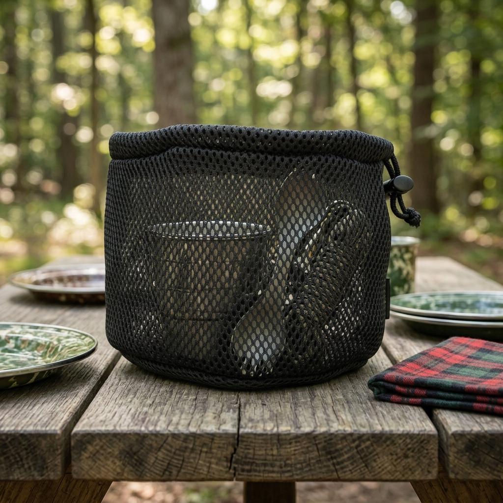 Camping Mesh Storage Bag Round Bottom Waterproof Breathable Nylon for Cups Utensils Outdoor Hiking Picnic Durable Organizer