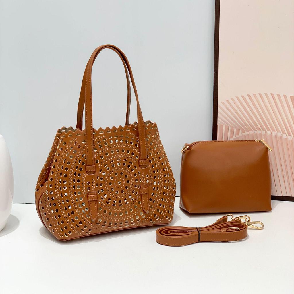 Cross-Border Carved Leather Handbag Set: Tote, Cosmetic Bag & Coin Purse