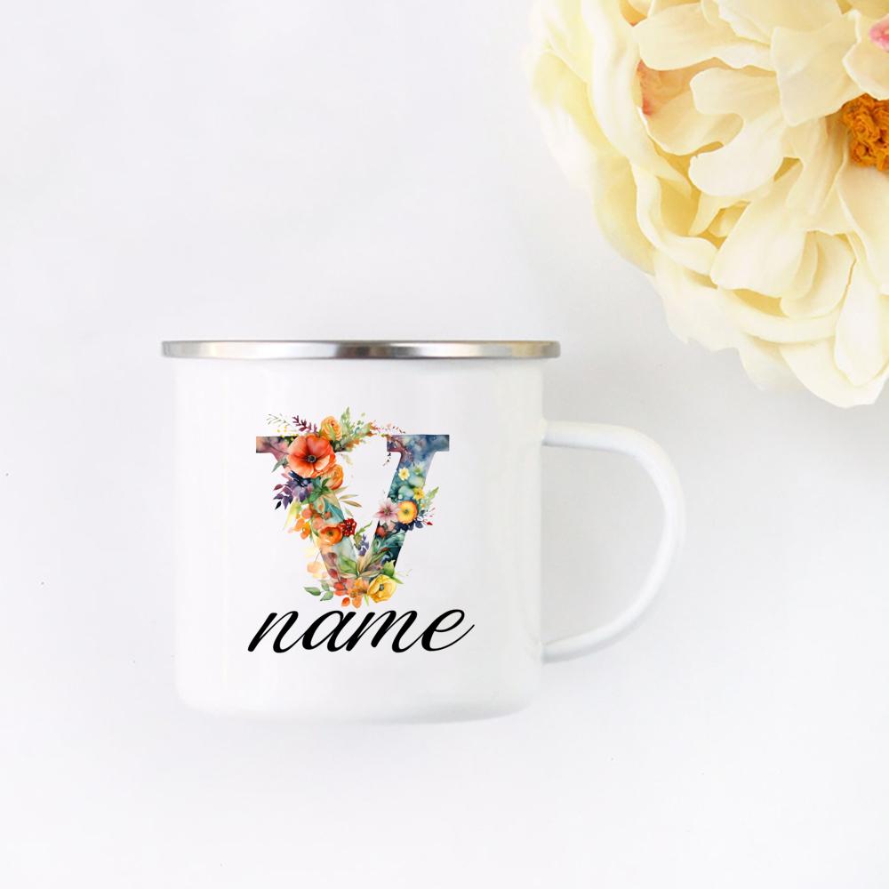 Personalisierte Blumige Initialen Namensbecher Benutzerdefinierter Name Tee Kaffee Heiße Schokolade Tasse Braut Brautjungfer Muttertag Geschenk für Sie