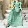 LYRIA Women Slim Pleated Maxi Dress with Belt Female Streetwear Vintage Dress Tie Front Dress  Robe