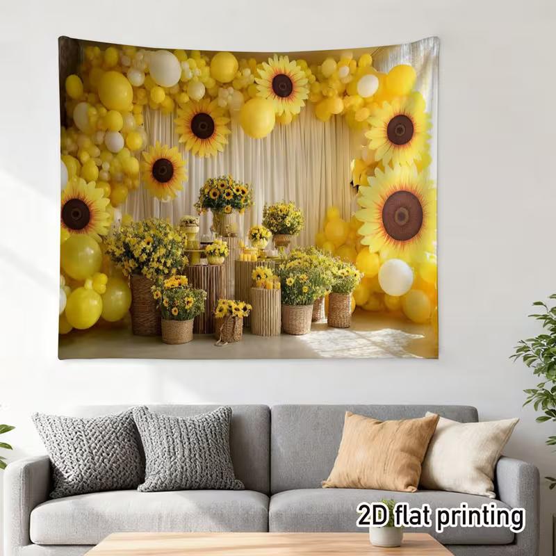 2D Printed Backdrop with Sunflowers, Yellow Balloons and Party Table Decor