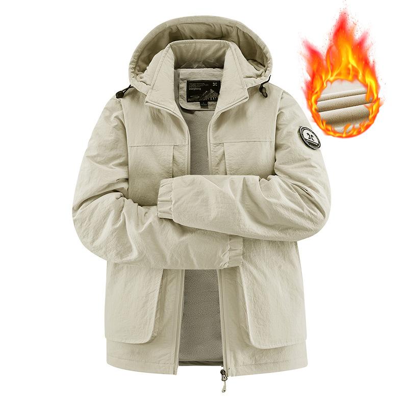 Men's Waterproof Jacket Casual Midlife Fleece Jacket  Autumn Winter Fleece Warm multi-pocket Cargo Coats Hooded Overcoats