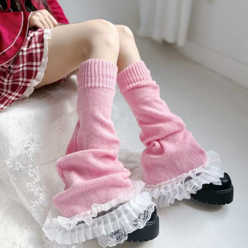 Damen Mädchen Fairycore Gestrickte Beinwärmer Ausgestellte Stiefelsocken Japanische JK Lagenlook Rüschen Spitzenbesatz Fußabdeckungen Streetwear