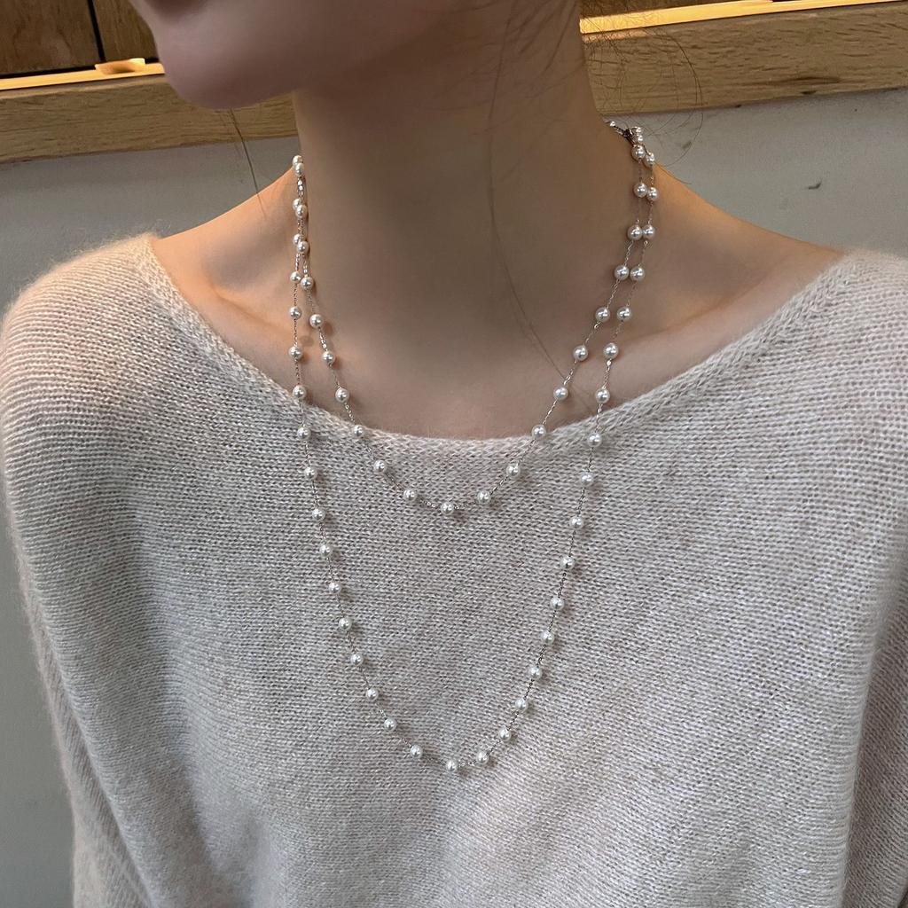 Luxury Necklace Double-Layered White Pearl Necklace for Women Fashionable Long Chain Dress Accessories Gift for Girl Mother