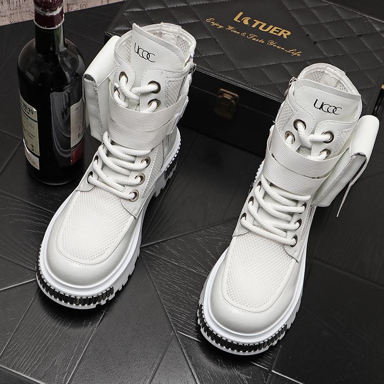 

2025 New Men s Thin High-Top New Mid-Calf Motorcycle Height Increasing Insole Summer Ankle Boots Hollow out 39