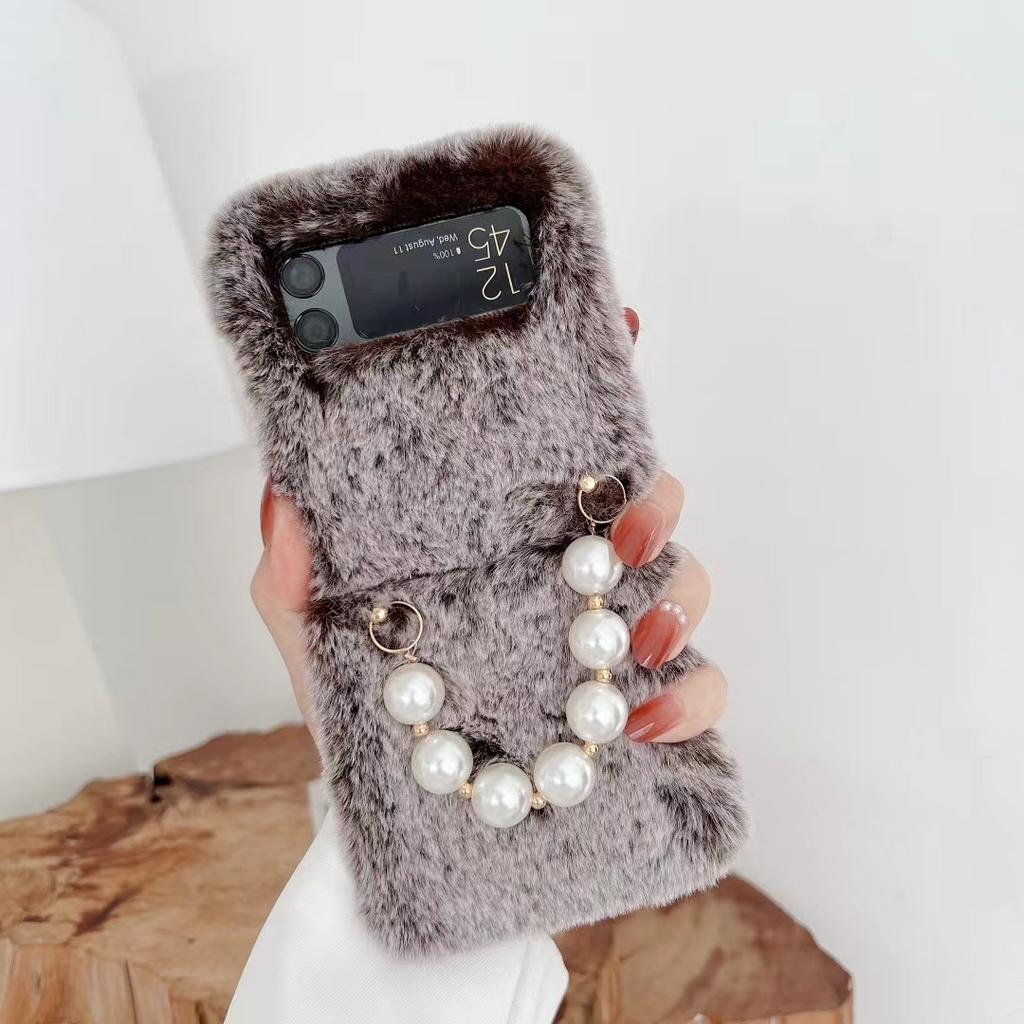 Applicable To Samsung Z Flip4 Plush Mobile Phone Case Zflip3 Bow Pearl Solid Color Protective Case Autumn and Winter Hair Case