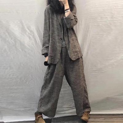 Women's Spring and Autumn Literary Retro Leisure Suit Long-sleeved Loose Suit Jacket + Pants Two-piece Set