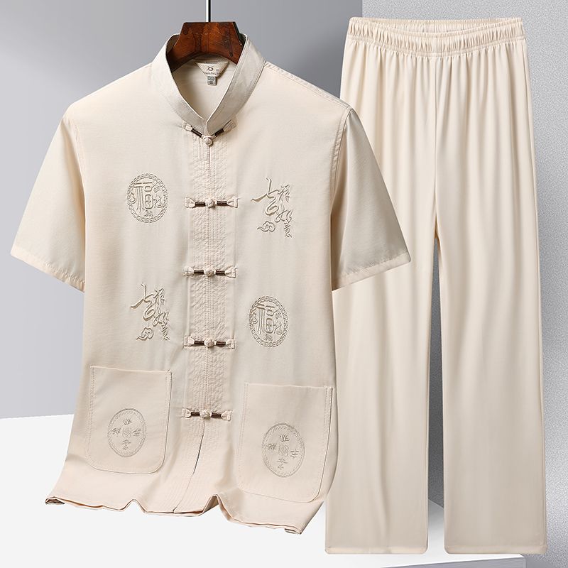 Embroidery Kung Fu Tai Chi Set Plus Size Cotton Linen Men Tang Suit Hanfu Chinese Style Casual Short-Sleeved Shirt Trousers Suit