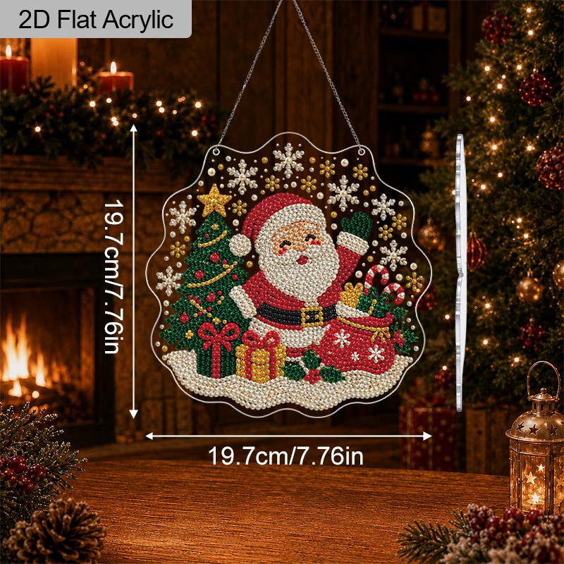 Christmas Acrylic Diamond Art Ornament, Santa Lace Edge, Pre-Attached Chain, Mixed Pearls, DIY Xmas Window Wall Decor & Gift