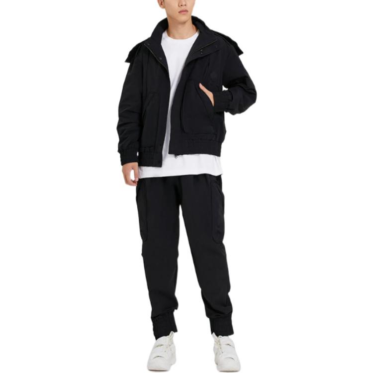 Li Ning X Jackie Chan Kung Fu Serie Einfarbige Kapuzenjacke mit Reißverschluss und Kordelzug Locker Jacke Herrenjacke Schwarz AJDSA31-1