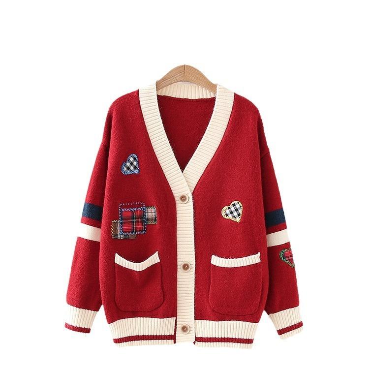 Embroidered Sweater Women's Coat Autumn and Winter Loose Knit Cardigan Long Sleeved Thick V - Neck Coat