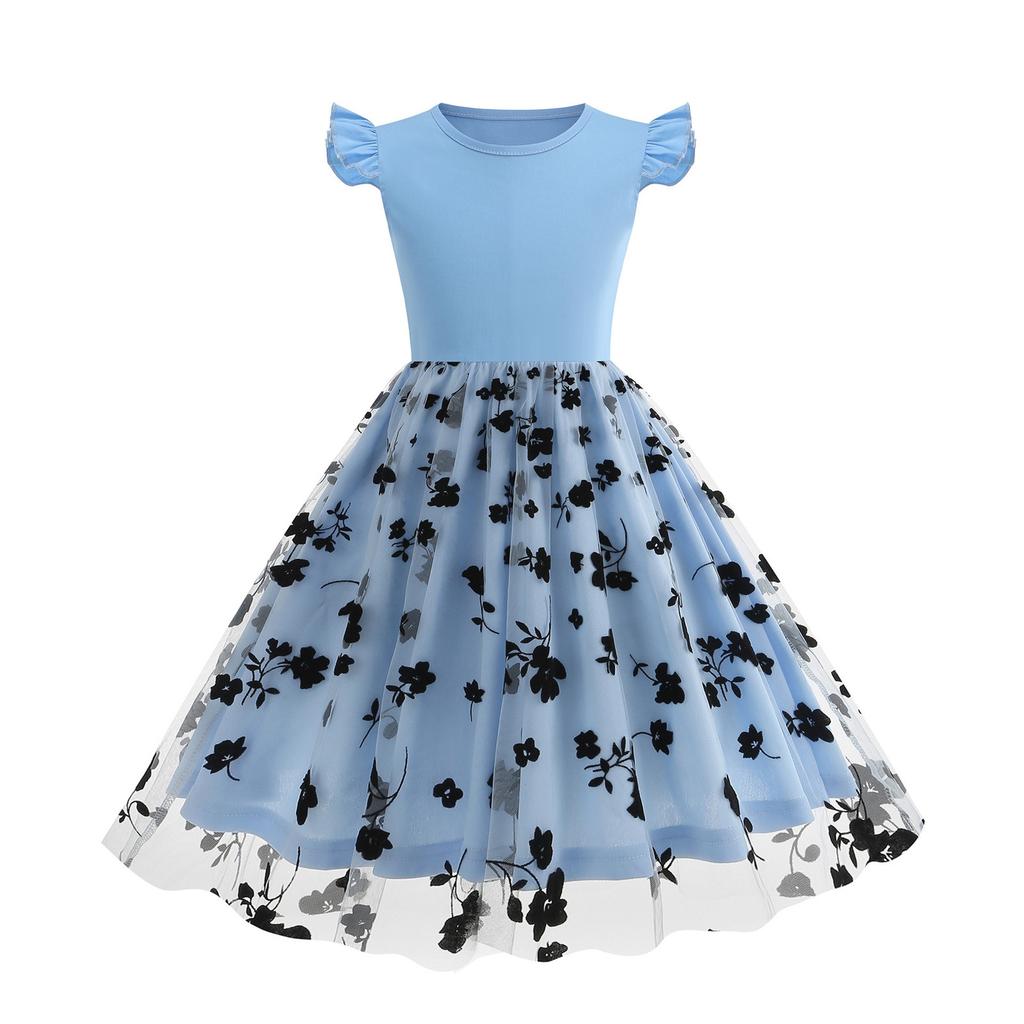 Sommer Kinder Taille Spleißen Mesh Kurzarm Rundhals Vintage Mädchen Langen Rock Swing Kleid