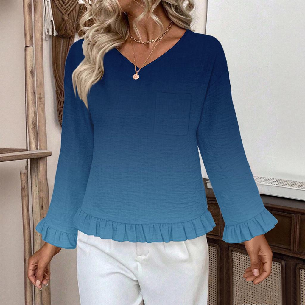 Women's Casual Fashion Ruffled V-Neck Pocket Gradient Print Long Sleeve Top