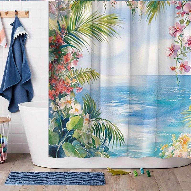 Tropical Beach Shower Curtain - Vibrant Floral & Ocean Scene, Polyester,  Washable & Durable, Tropical Bathroom Decor