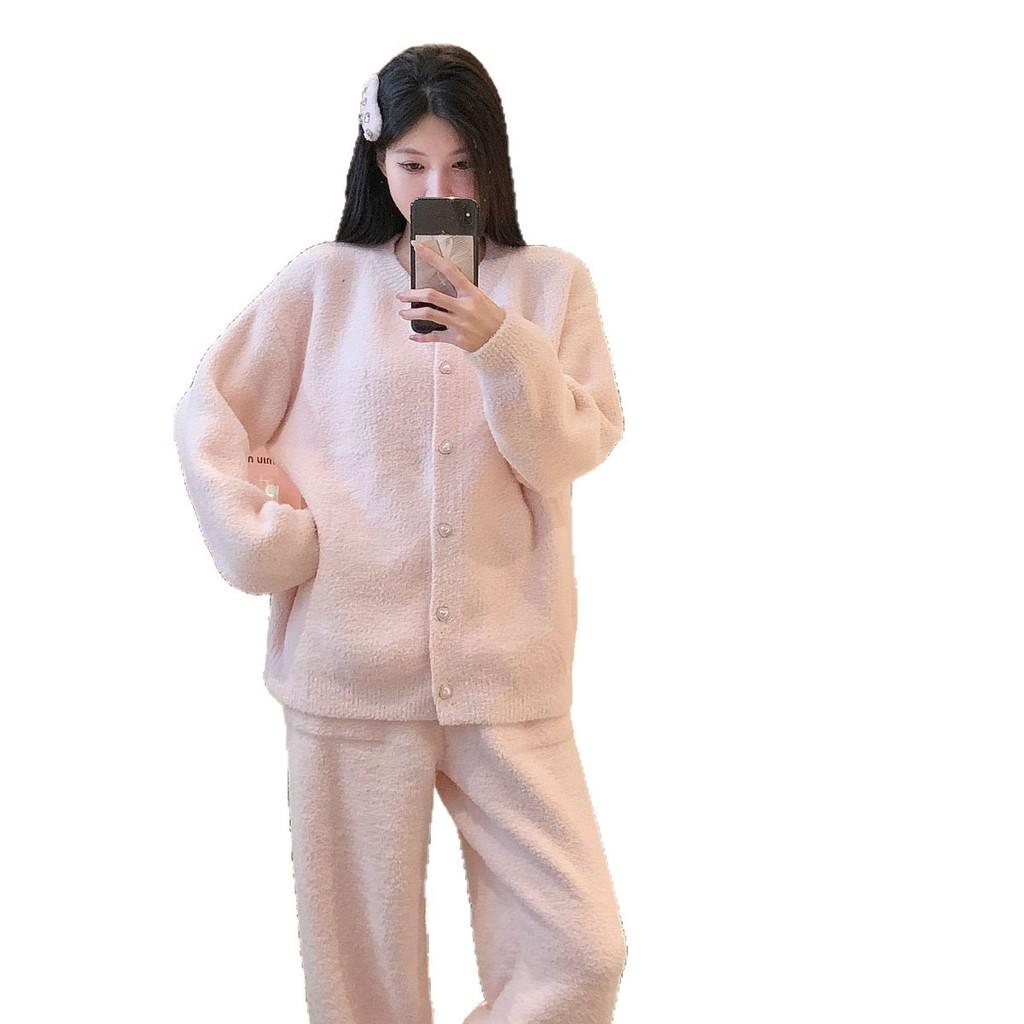 Cozy Plush Lounge Set With Pearl Buttons For Winter Comfort Homewear For Young Women