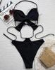 Damen Badeanzug Sexy Schwarz Hohlkragen Schlüsselloch Bindebadeanzug Bikini Set Strandbekleidung Badeanzüge