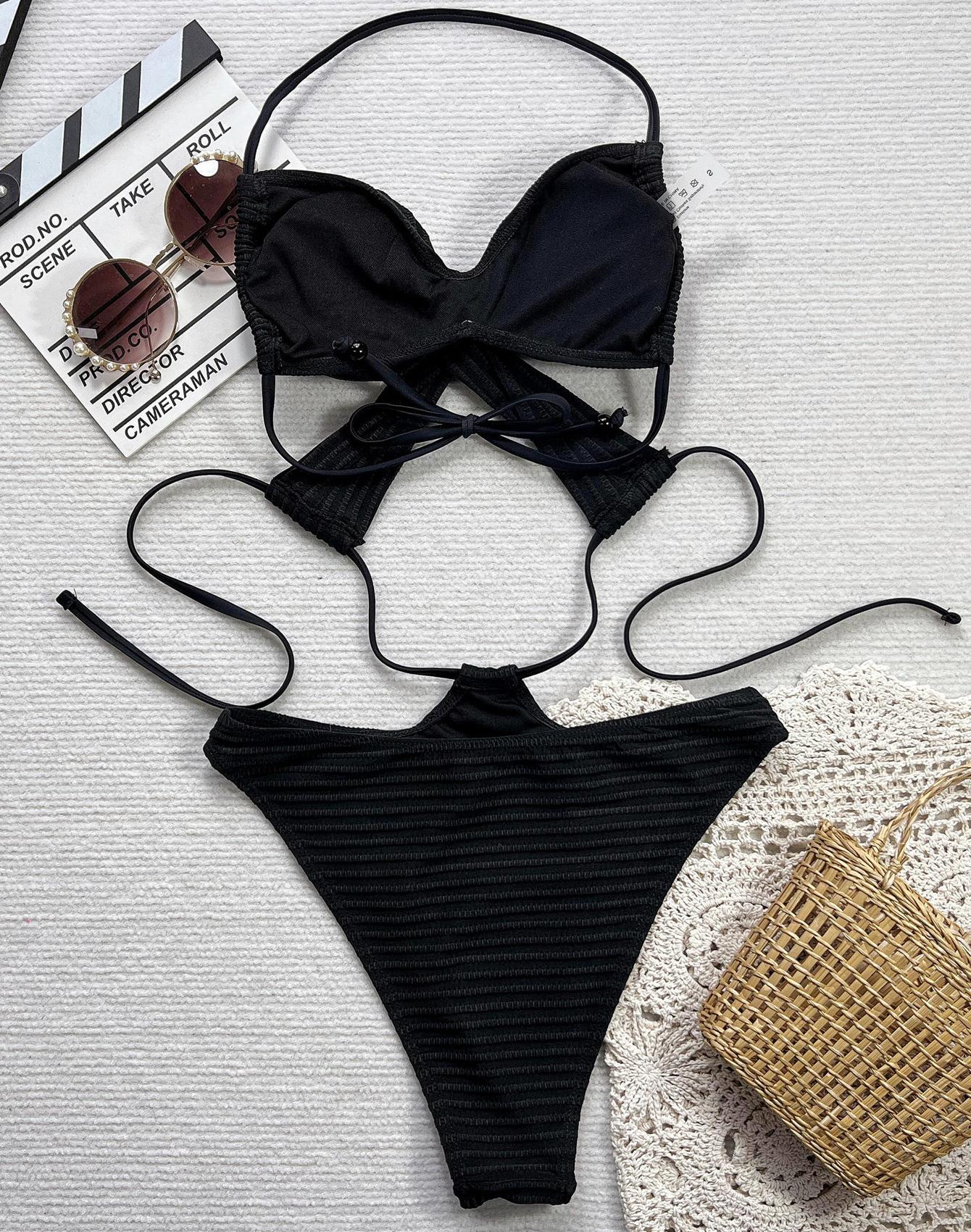 

Женский купальник сексуальный черный с открытыми плечами и завязками на шее купальник бикини комплект пляжная одежда купальные костюмы L чёрный