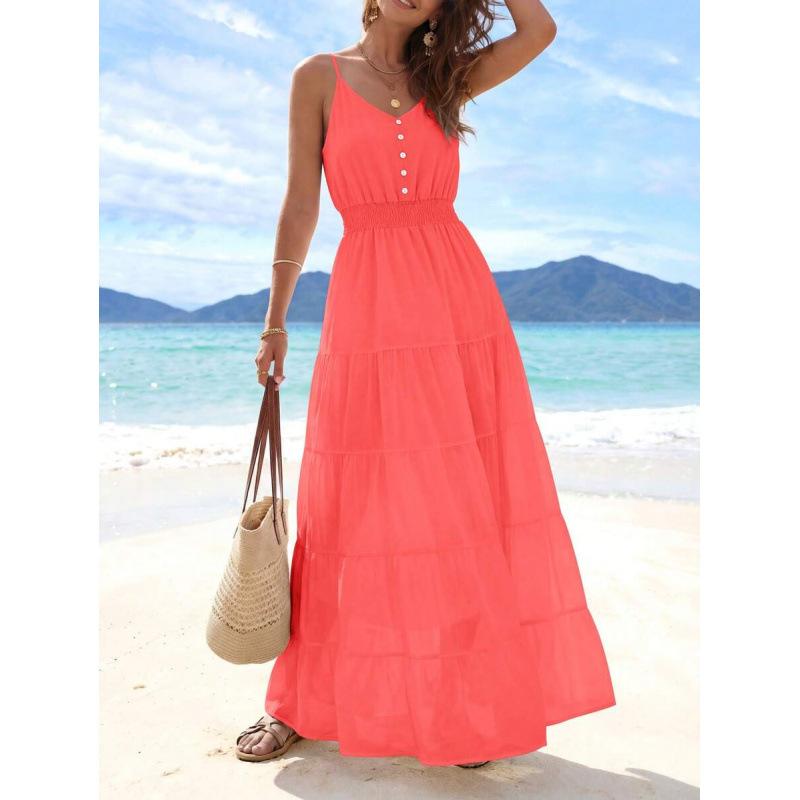 Europe, America 2026 Summer New Simple High Waist and Thin Casual Beach Vacation Suspender Dress