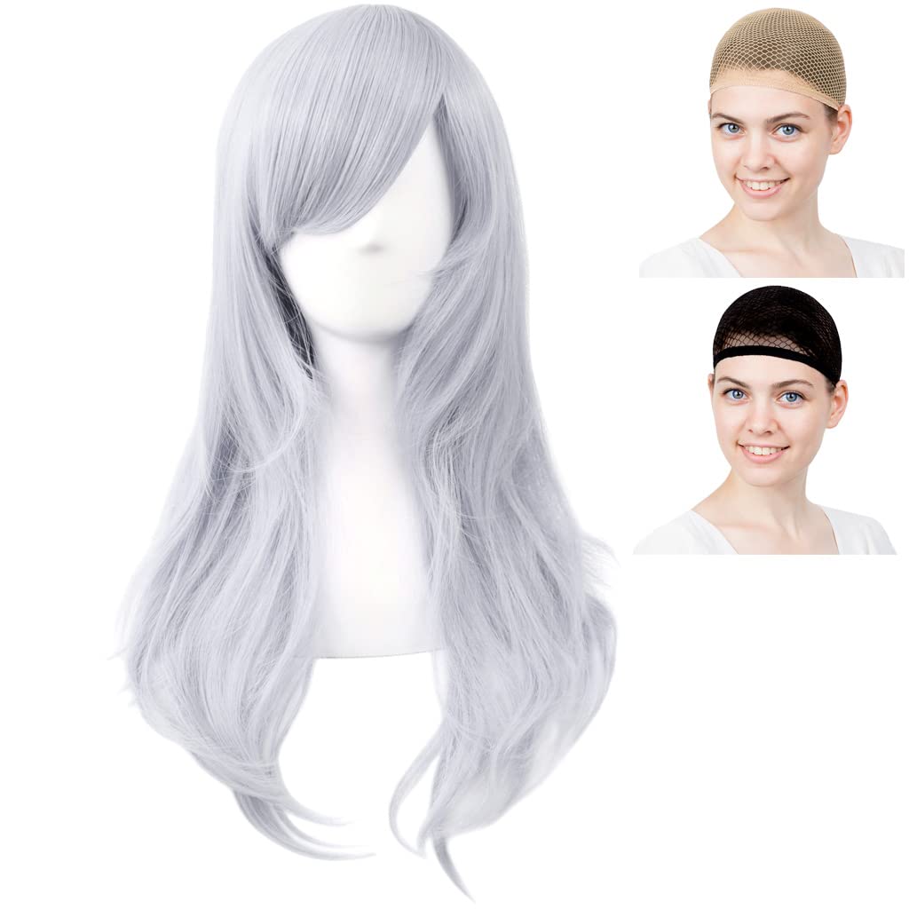 CaseEden Cosplay Wig, Smooth, Semi-Long, 60cm, Silver Hair, White Merch and Wig Net (Set of 2)
