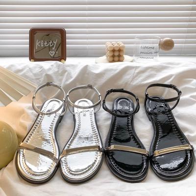 Korean Version Flat Bottom with Sandals Roman Shoes Women's Shoes French Summer Vacation Style Silver Cool Slippers Beach Shoes