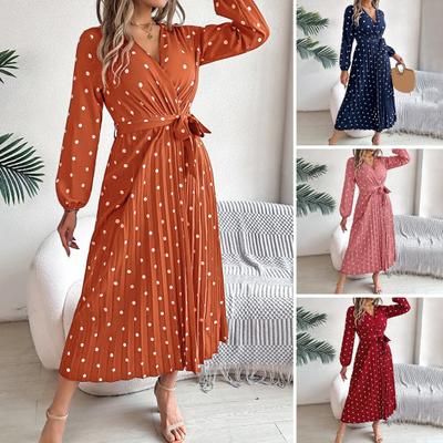 Women's Long Sleeve Dress V-Neck Polka Dot Dress with Tie Waist Long Pleated Dress for Office Parties Date