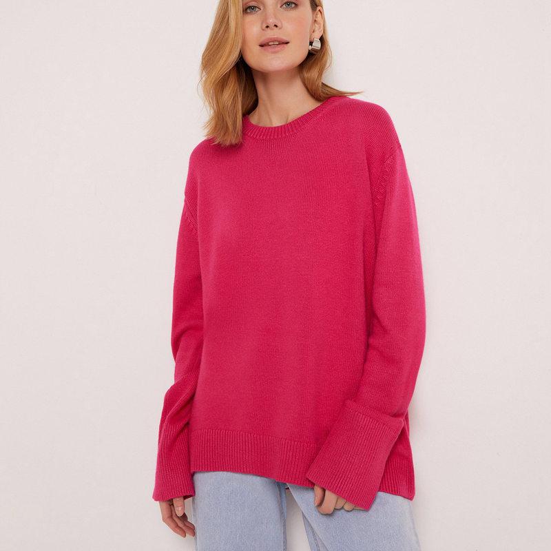 Women Autumn Winter Knit Crew Neck Long Sleeve Loose Solid Color Knitted Sweater