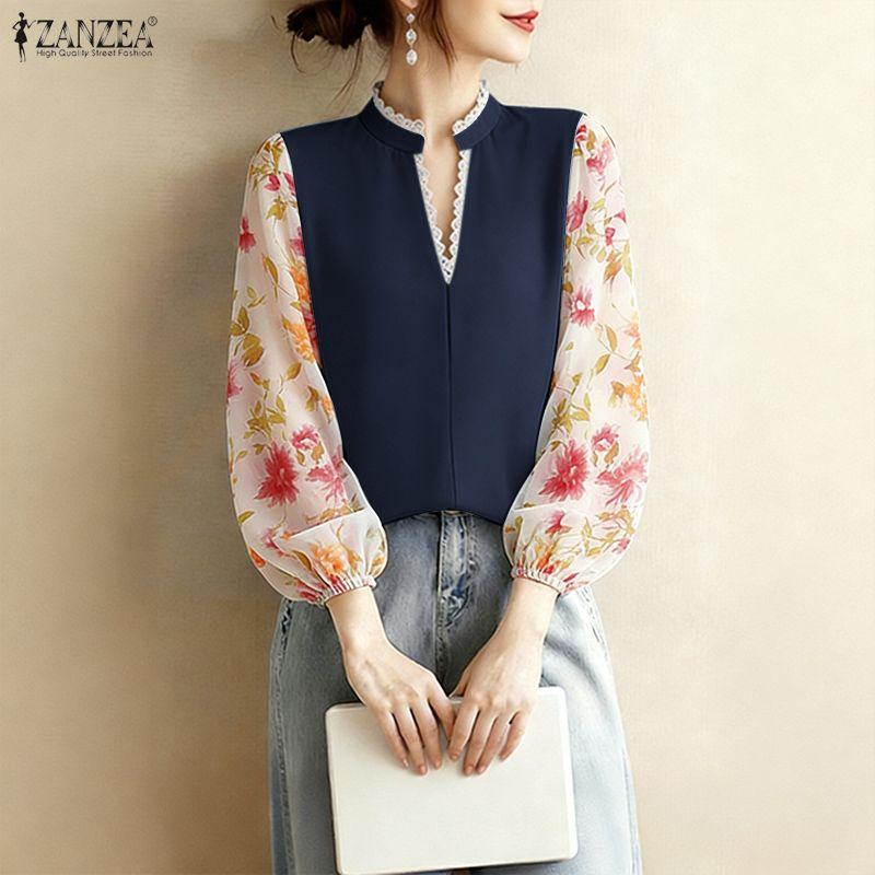 ZANZEA Women Casual V-Neck Floral Print Splice Long Sleeve Blouse