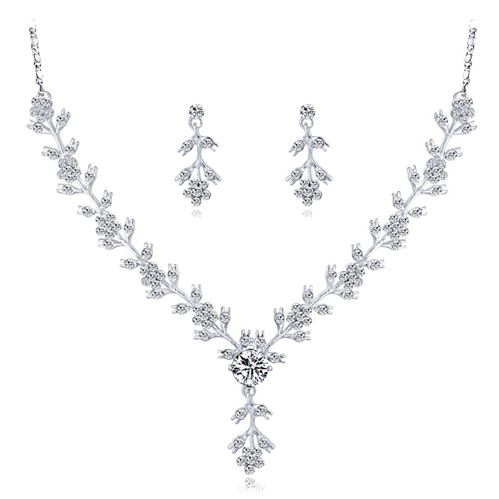 Women Bridal Unique Jewelry Set Elegant Fashionable Diamond Alloy Necklace + Earring Set