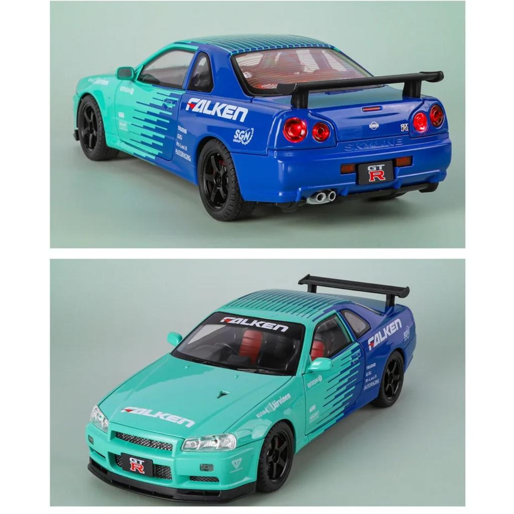 1/18 Nissan Skyline Ares GTR GT-R R34 Alloy Track Sports Car Model Diecast Metal Racing Car Vehicle Model Sound and Light Kids Toy Gift